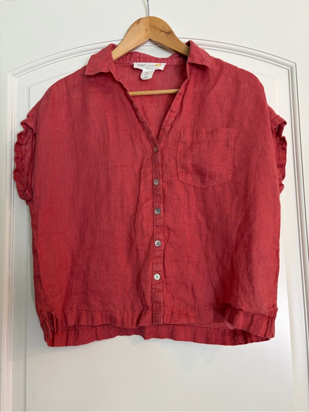C&C California Casual Red Linen Button-Front Women’s Casual Lightweight Top S